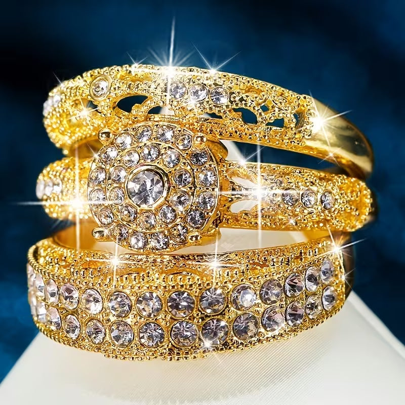 3pcs Set: A Gorgeous and Noble Ladies' Engagement Ring Set, Luxuriously Plated with 14k Golden and Adorned with Sparkling Synthetic Synthetic Zirconia. A Charming Party Jewelry Accessory, Perfect as a Valentine's Day Gift for Women