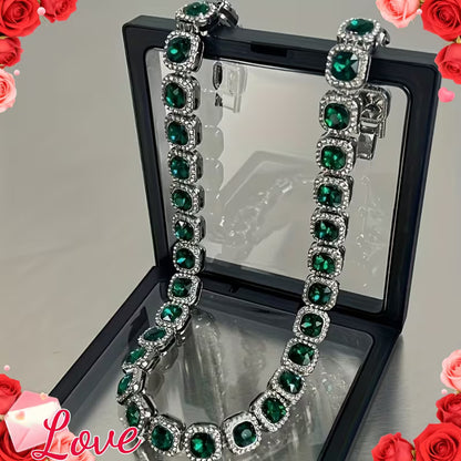 1pc of Men'S Hip-Hop Inspired Green Square Glass Cuban Link Choker Necklace, a Fashionable Accessory for Rappers, Robust And Stylish Statement Jewelry, Perfect Gift for Your Loved One