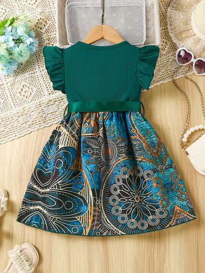 Summer Girls' Dress with Ribbon Belt, Peplum Sleeves, Fine Ribbed Round Neck, Elastic Waist, Ethnic Peacock Print, Princess Court Style, Color Block Design, Suitable for Dates, Parties, Gatherings, and School Style, Elegant