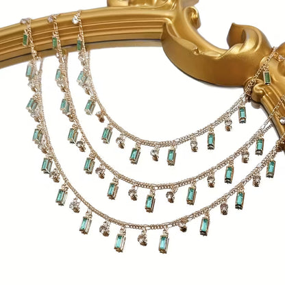 1 Meter Mint Green Rectangular Glass Pendant with Rhinestone Decoration, Copper Chain for Jewelry Making Additions, Jewelry Chain
