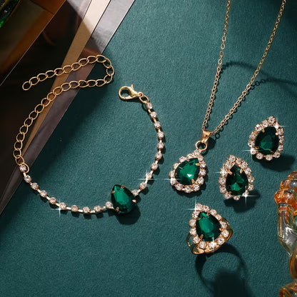 5pcs Elegant Green Rhinestone Jewelry Set for Women - Sparkling Rhinestone Studded Matching Necklace, Earrings, Bracelet & Ring, Year-Round Wear for Daily & Party, Perfect,, Weddings ( Beauty, No