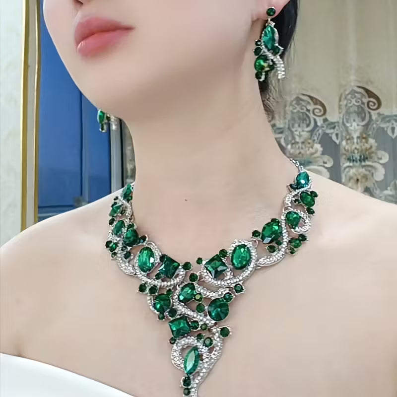 3pcs set of green and blue necklace and earrings, stylish and luxurious, suitable for daily gifts and various live ceremonies, party accessories for women.