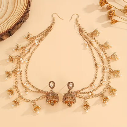 A Stylish Jhumka Set Featuring Detachable Glamorous Rhinestone Earrings with Bell And Faux Pearl Tassels, This Jewelry Ensemble Includes Four Interchangeable Long Chain Indian Additions, Perfect for Women to Wear on a Daily Basis, During Festivals