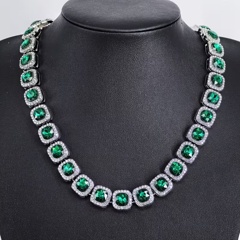 1pc of Men'S Hip-Hop Inspired Green Square Glass Cuban Link Choker Necklace, a Fashionable Accessory for Rappers, Robust And Stylish Statement Jewelry, Perfect Gift for Your Loved One