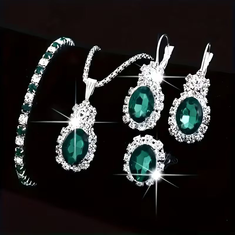 Vintage Luxury Women's Jewelry Set - 5pcs Green Oval Pendant Necklace, Ring, Earrings, and Bracelet - Elegant Fashion for Casual Attire or Gifting