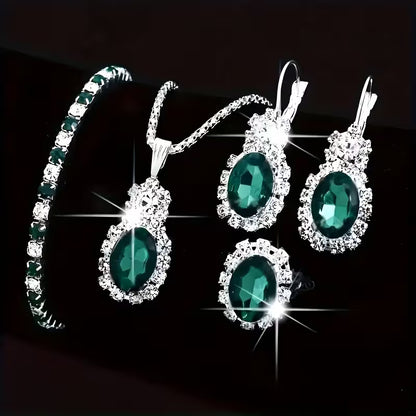 Vintage Luxury Women's Jewelry Set - 5pcs Green Oval Pendant Necklace, Ring, Earrings, and Bracelet - Elegant Fashion for Casual Attire or Gifting