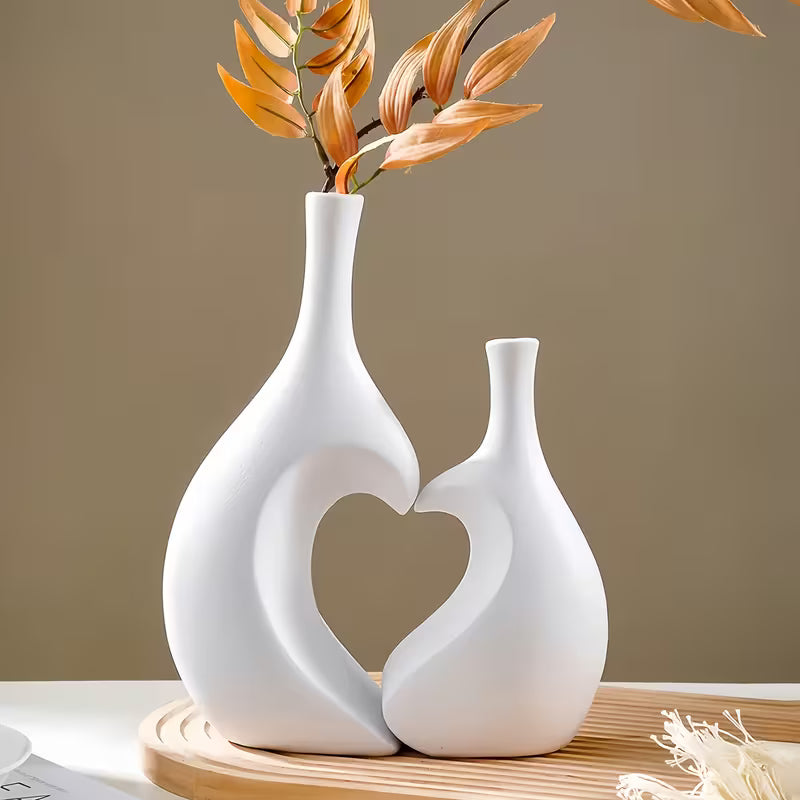 2pcs Modern Bohemian Black & White Bell Vase Set with Heart Decor - Plastic Flower Vases for Home, Wedding, Table Centerpiece - Bell-Shaped Vase & Heart Accent, Easy Assembly with Real/Dry Flowers, Space-Saving Decorative Vase Combo Gift