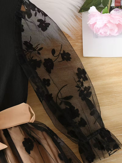 Girls' Floral Mesh Long-Sleeve Dress with a Bow Belt, a Stylish Princess Dress Suitable for Everyday Gifting And Parties