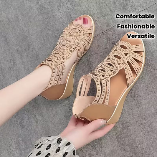 Summer Hollow-Out Thick-Sole Sandals for Women, Open-Toe Roman Style Comfortable Fashionable Mid-Life Mom Shoes, Versatile Women's Footwear, Women Shoes