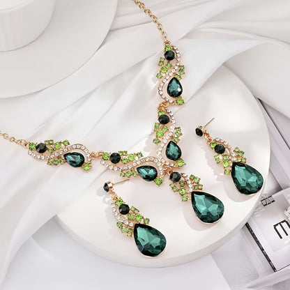 3pcs Set of Light Luxury Emerald Green -encrusted Vintage Alloy Rhinestone Women's Jewelry Set, Suitable for Banquets and Weddings, Ideal for Gifting