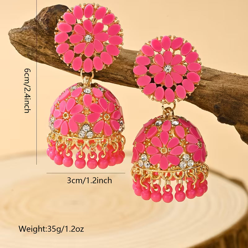 Bohemian Style Ramadan Pendant Earrings, Featuring a Floral Design with Rhinestones And JHUMKA Pendants Paired with Round Bead Tassels, Made of Zinc Alloy, Suitable for Women'S Daily Wear, Festivals, Weddings, And Parties, Or As Gifts
