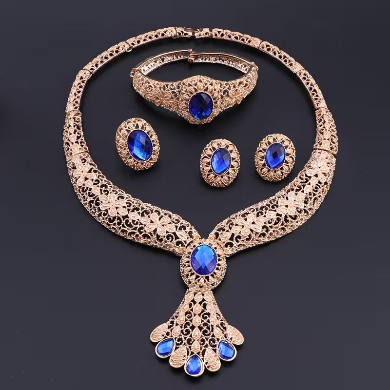 Vintage Golden Filigree Jewelry Set with Synthesis Created-Sapphire Artificial Crystal - Necklace Earrings Bangle Ring for Wedding Party Prom Bridal Jewelry Gift