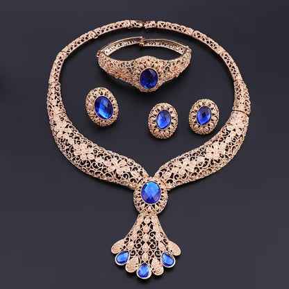 Vintage Golden Filigree Jewelry Set with Synthesis Created-Sapphire Artificial Crystal - Necklace Earrings Bangle Ring for Wedding Party Prom Bridal Jewelry Gift