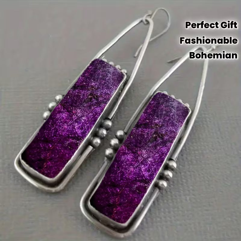 2pcs Retro Bohemian Geometric Dangle Earrings with Purple Galaxy Pattern – Stylish Alloy & Resin Jewelry, Perfect Gift for Birthdays or Anniversaries, Quirky Earrings
