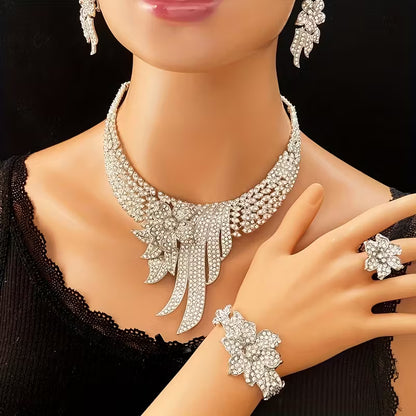 5pcs Women's Jewelry Set Elegant Floral & Leaf Multicolor Sparkling Necklace, Earrings, Bracelet & Adjustable Ring for Wedding, Party, Valentine's Gift - Year-Round Wearable for Special Occasions, Complete Matching Set