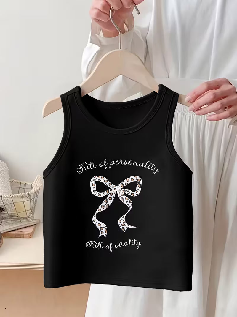 A Cute Tank Top Featuring a Leopard Print And Bow Design, with The Phrases 'Full of ' And 'Full of Vitality'. This Casual Sleeveless Top Is Designed for Everyday Wear, Made from Soft And Comfortable Knitted Fabric