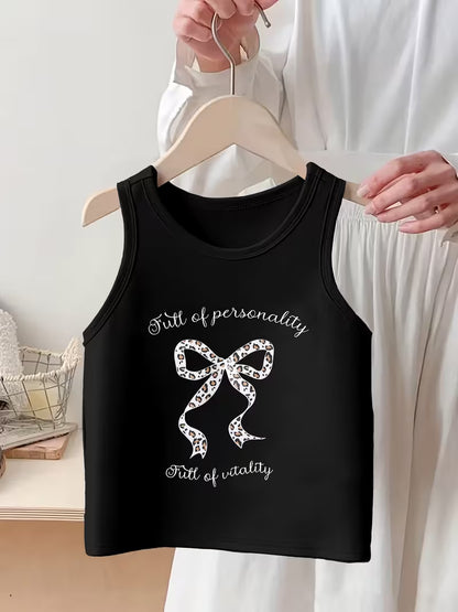 A Cute Tank Top Featuring a Leopard Print And Bow Design, with The Phrases 'Full of ' And 'Full of Vitality'. This Casual Sleeveless Top Is Designed for Everyday Wear, Made from Soft And Comfortable Knitted Fabric