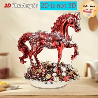 2D Flat, 2D Flat Rotating Red Horse Desktop Decoration- Sparkling Ornament, No Power Required, Suitable Home, Office, Party- Elegant Modern Interior, Desktop Decoration, 2D Flat