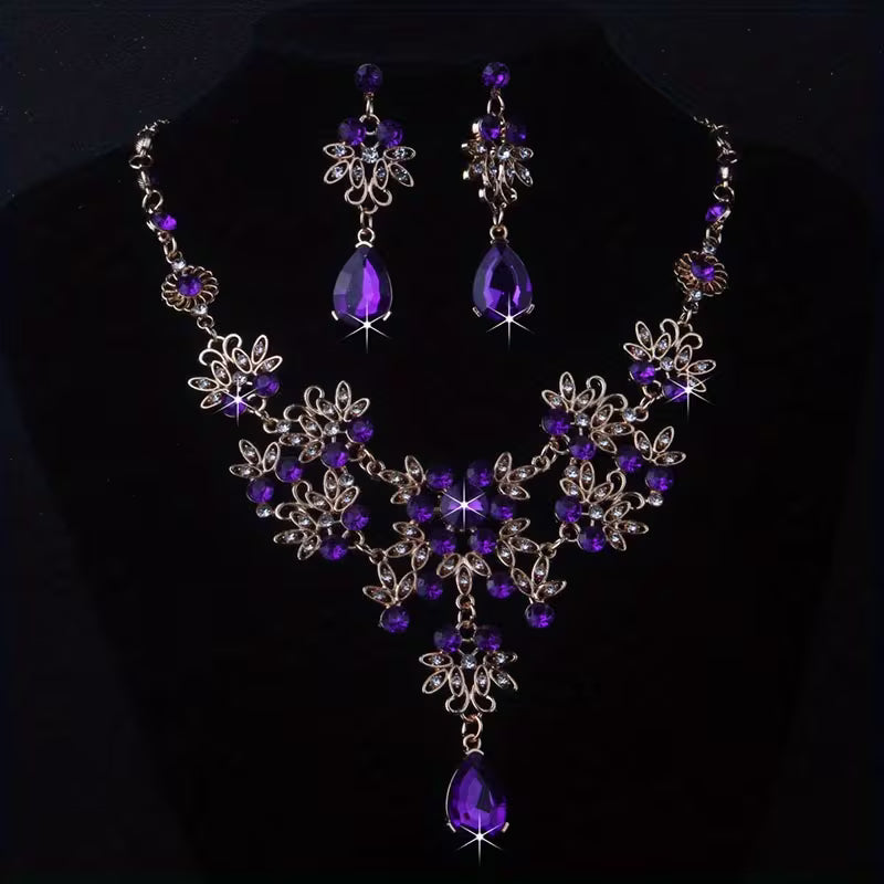 Royal Blue Leaf-Shaped Flower Necklace and Earrings Set for Women, Wedding Chain, Stage Performance Party Hall Necklace