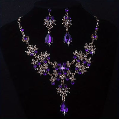 Royal Blue Leaf-Shaped Flower Necklace and Earrings Set for Women, Wedding Chain, Stage Performance Party Hall Necklace