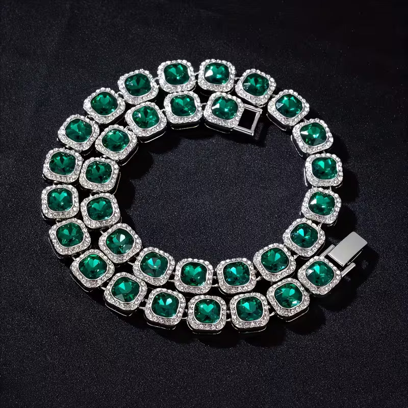1pc of Men'S Hip-Hop Inspired Green Square Glass Cuban Link Choker Necklace, a Fashionable Accessory for Rappers, Robust And Stylish Statement Jewelry, Perfect Gift for Your Loved One