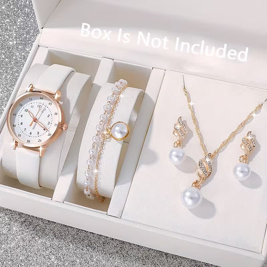 5pcs Women's Bohemian Quartz Watch & Jewelry Set - Round PU Leather Strap, Zinc Alloy Case with Matching Bracelet, Elegant Watch for Birthdays, Christmas, Valentine's Gift, Casual Attire & Special Occasions - Quartz Movement Timepiece