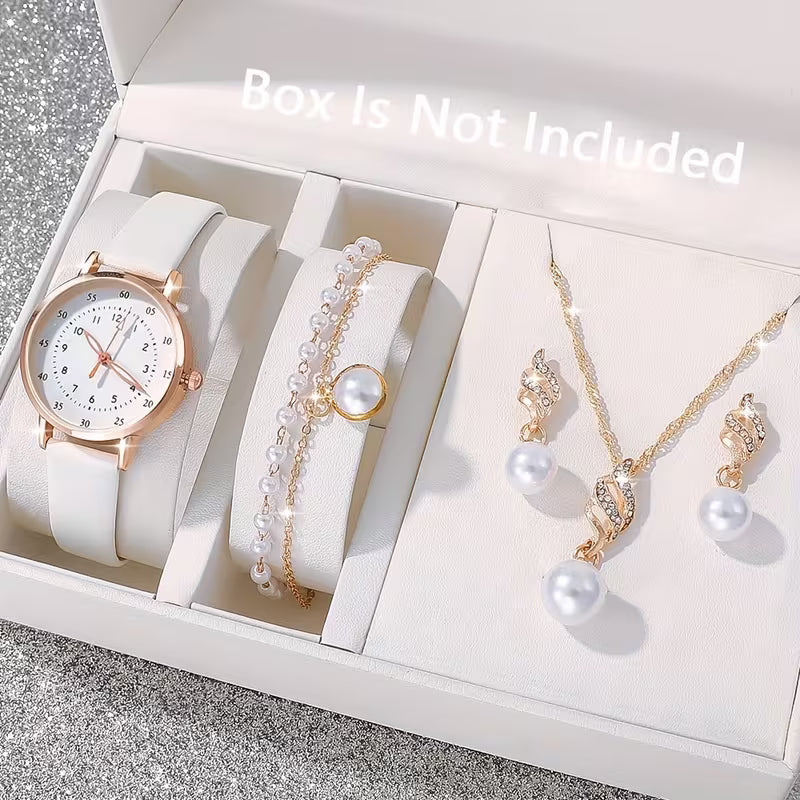 5pcs Women's Bohemian Quartz Watch & Jewelry Set - Round PU Leather Strap, Zinc Alloy Case with Matching Bracelet, Elegant Watch for Birthdays, Christmas, Valentine's Gift, Casual Attire & Special Occasions - Quartz Movement Timepiece