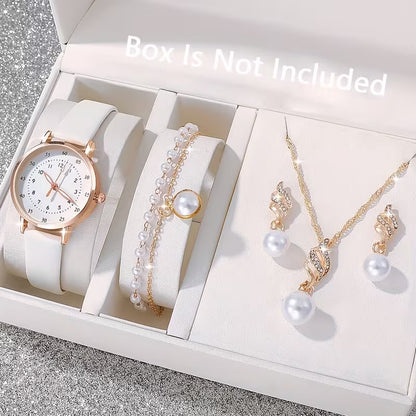 5pcs Women's Bohemian Quartz Watch & Jewelry Set - Round PU Leather Strap, Zinc Alloy Case with Matching Bracelet, Elegant Watch for Birthdays, Christmas, Valentine's Gift, Casual Attire & Special Occasions - Quartz Movement Timepiece