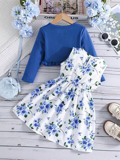Girls' Autumn/Winter Cardigan Jacket and Vest Print Dress 2pcs Set for Back-to-School Campus Fashion