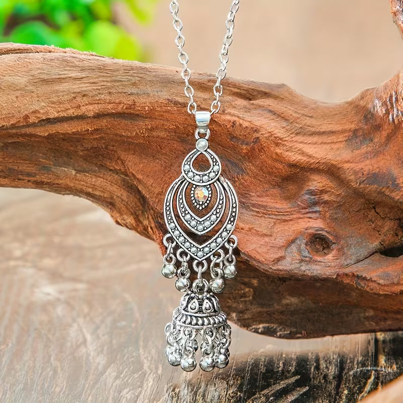3pcs Bohemian Ethnic Vintage for Women - Zinc Alloy & Glass Bead Bell & Tassel Earrings and Necklace, K Plated Ilvery Peach Bell Charms, Cultural for Parties Weddings Daily Wear, Year-Round Elegant Statement