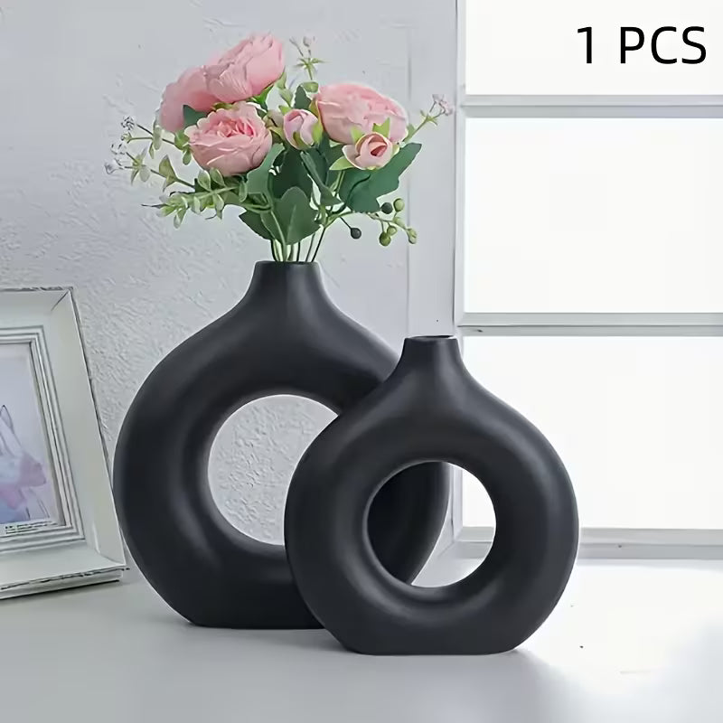 Bohemian Style Geometric Hollow Round Vase - Made of Durable Plastic, Suitable for Home And Living Room Decoration. A Single-Piece Molded Plastic Vase for Hydroponics, Resembling Ceramic, Designed for a Single Flower Or As a Donut Vase