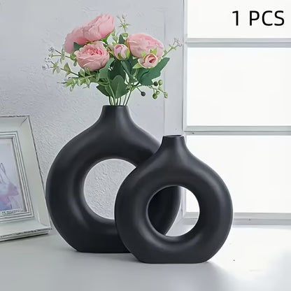 Bohemian Style Geometric Hollow Round Vase - Made of Durable Plastic, Suitable for Home And Living Room Decoration. A Single-Piece Molded Plastic Vase for Hydroponics, Resembling Ceramic, Designed for a Single Flower Or As a Donut Vase