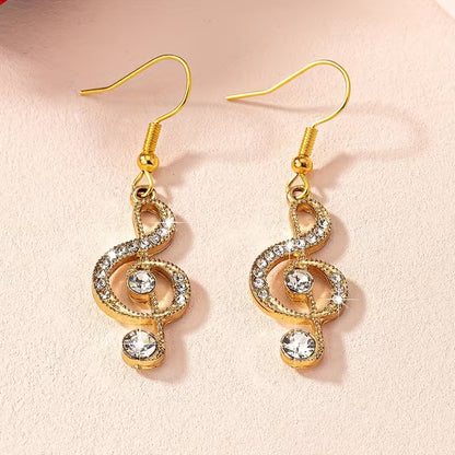 Elegant Music Note Dangle Earrings with Sparkling Rhinestones - Zinc Alloy, Glass Inlay, Perfect for Daily Wear & Parties