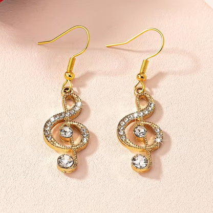 Elegant Music Note Dangle Earrings with Sparkling Rhinestones - Zinc Alloy, Glass Inlay, Perfect for Daily Wear & Parties