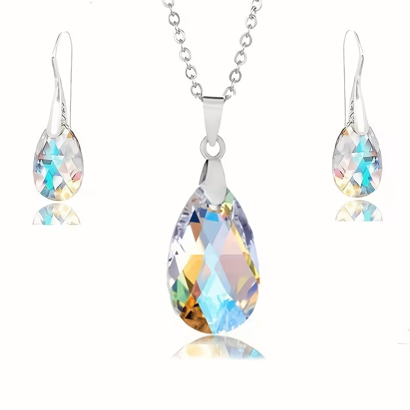 Fashionable New Jewelry Set Featuring Colorful Crystal Drop Earrings And a Pendant Necklace.