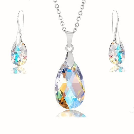 Fashionable New Jewelry Set Featuring Colorful Crystal Drop Earrings And a Pendant Necklace.