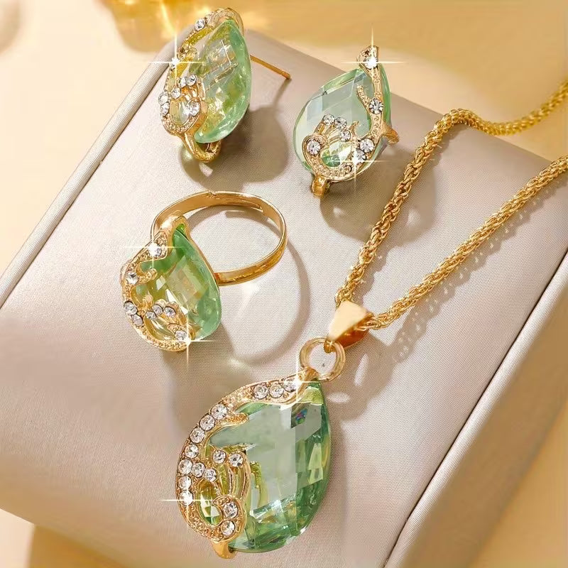 Stylish 4pcs Jewelry Set Featuring Tear Drop Synthetic Zirconia - Includes a Necklace, Earrings, And Rings. Perfect for Casual Vacations, Everyday Wear, And Gifting for Any Occasion Throughout The Year, Including Campus Holidays