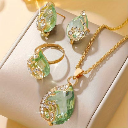 Stylish 4pcs Jewelry Set Featuring Tear Drop Synthetic Zirconia - Includes a Necklace, Earrings, And Rings. Perfect for Casual Vacations, Everyday Wear, And Gifting for Any Occasion Throughout The Year, Including Campus Holidays