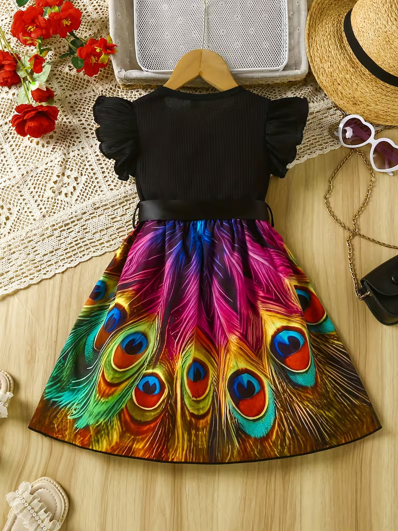 A Casual Dress with a Round Neckline, Ribbed Short Sleeves, And a Woven Feather Print, Complete with a Belt, Suitable for Outings in All Seasons