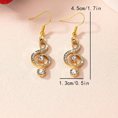 Elegant Music Note Dangle Earrings with Sparkling Rhinestones - Zinc Alloy, Glass Inlay, Perfect for Daily Wear & Parties