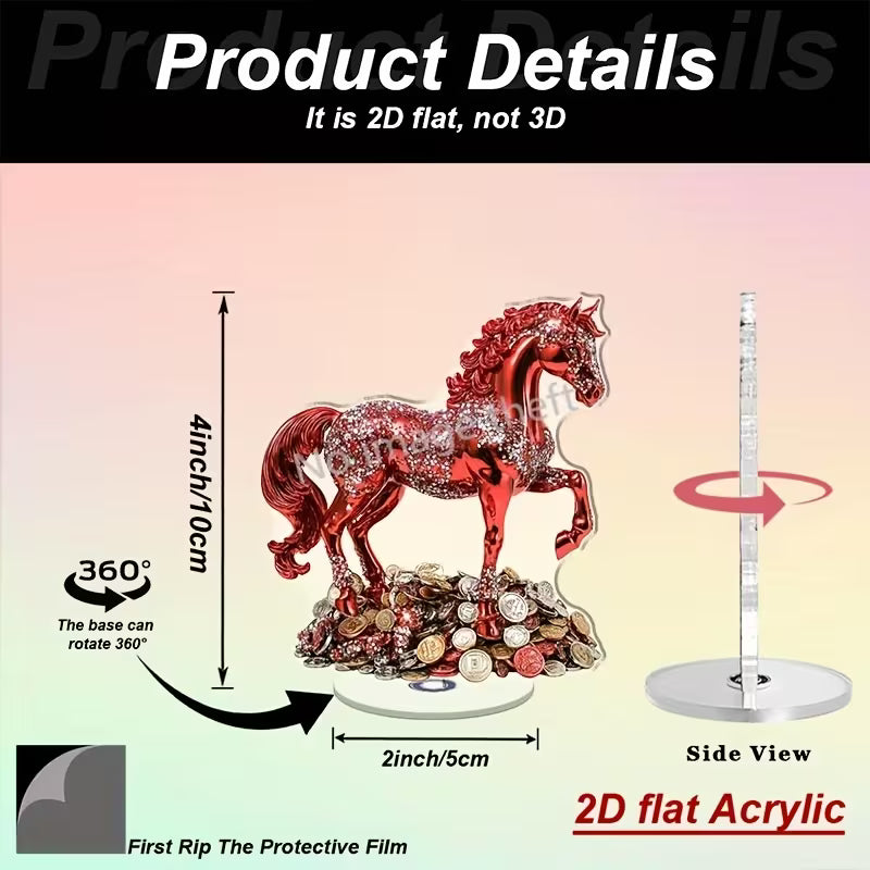 2D Flat, 2D Flat Rotating Red Horse Desktop Decoration- Sparkling Ornament, No Power Required, Suitable Home, Office, Party- Elegant Modern Interior, Desktop Decoration, 2D Flat