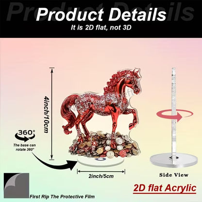 2D Flat, 2D Flat Rotating Red Horse Desktop Decoration- Sparkling Ornament, No Power Required, Suitable Home, Office, Party- Elegant Modern Interior, Desktop Decoration, 2D Flat