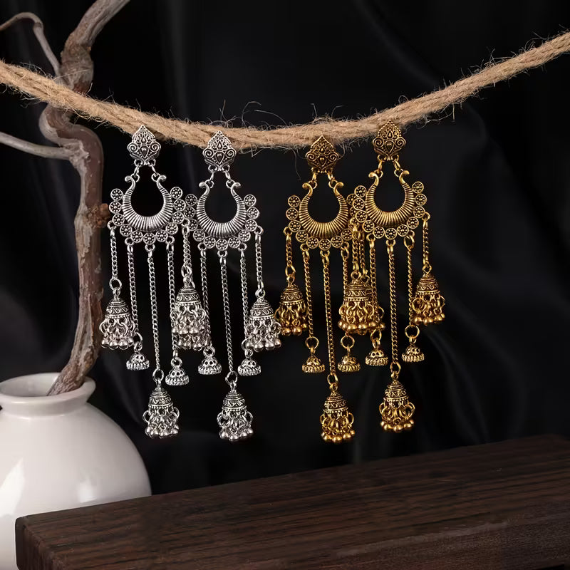 Elegant Retro Bohemian Style Earrings with a Hong Kong Flair, Featuring Long Tassels And Bells That Add a Unique Touch And Complement Any Outfit While Enhancing The Appearance of a Slimmer Face