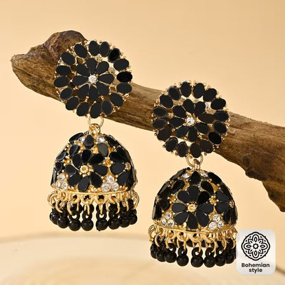 Bohemian Style Ramadan Pendant Earrings, Featuring a Floral Design with Rhinestones And JHUMKA Pendants Paired with Round Bead Tassels, Made of Zinc Alloy, Suitable for Women'S Daily Wear, Festivals, Weddings, And Parties, Or As Gifts