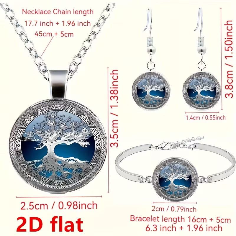 2D Flat, 2D flat Fashion Charms Celtic Tree of Life Glass alloy Cabochon Necklace & Earrings & Bangle Set(Totally 4pcs) Jewelry Necklace Stud Earrings Bracelet Bangle Set for Women's Jewelry Creative Gifts, 2D Flat