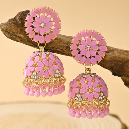 Bohemian Style Ramadan Pendant Earrings, Featuring a Floral Design with Rhinestones And JHUMKA Pendants Paired with Round Bead Tassels, Made of Zinc Alloy, Suitable for Women'S Daily Wear, Festivals, Weddings, And Parties, Or As Gifts