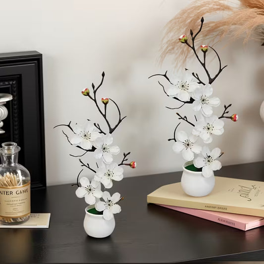 A Perfect Set of 2 White Plum Blossom Artificial Branches with Vase, Ideal for Spring Table Decorations, Weddings, and Home Decor. Featuring Elegant and Realistic , Suitable for Table Centerpieces, Room Decor, and Floral Arrangements