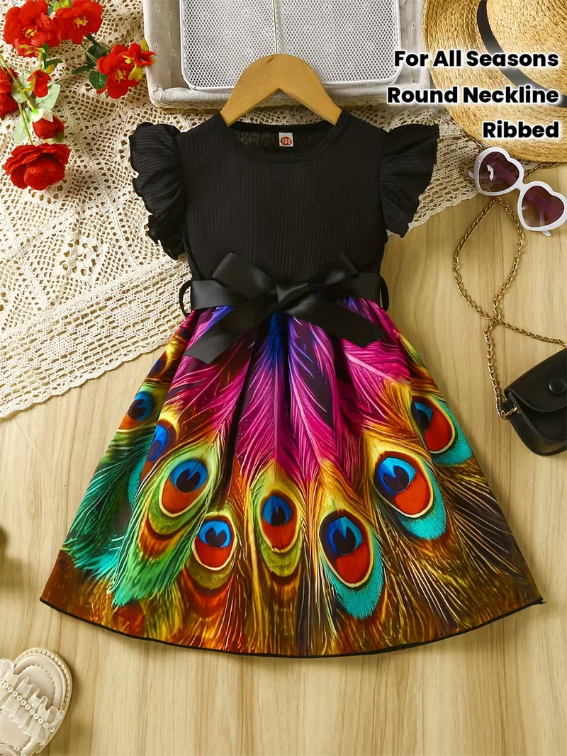 A Casual Dress with a Round Neckline, Ribbed Short Sleeves, And a Woven Feather Print, Complete with a Belt, Suitable for Outings in All Seasons
