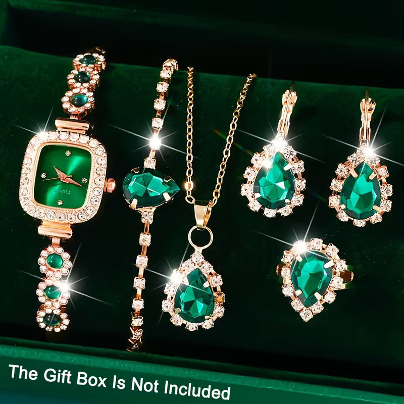 Elegant 6-Piece Rhinestone Quartz Watch and Jewelry Set for Women, Square Case, Adjustable Zinc Alloy Band, with Shimmering Matching Accessories, Perfect for Mother's Day, Valentine's Gift
