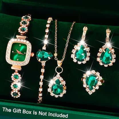 Elegant 6-Piece Rhinestone Quartz Watch and Jewelry Set for Women, Square Case, Adjustable Zinc Alloy Band, with Shimmering Matching Accessories, Perfect for Mother's Day, Valentine's Gift